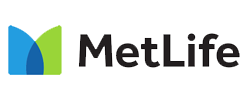 The image features a logo with text that reads  MetLife  at the top, followed by  M T Life Insurance Company,  and below that, the word  Insurance  in a smaller font size. The logo includes a stylized globe with a green landmass and blue water, encircled by a ring of white lines. The background is gray.